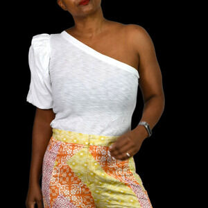 Nation LTD Raina One Shoulder Tee White Balloon Sleeve Pima Cotton T Shirt Small